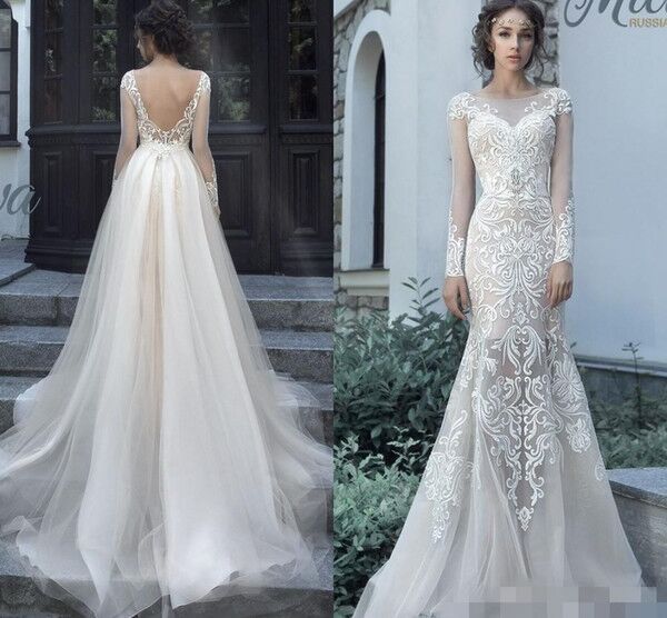 

modest bateau neck mermaid wedding dresses sheer long sleeves milva vestido de novia lace appliques plus size wedding gowns, White