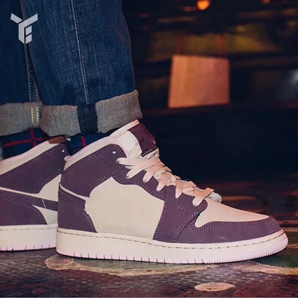 

New Grade School 1s Mid GS Women Basketball Shoes Youth Lady Girl Pro Purple Desert Sand Sneakers Sports Trainers 555112-500