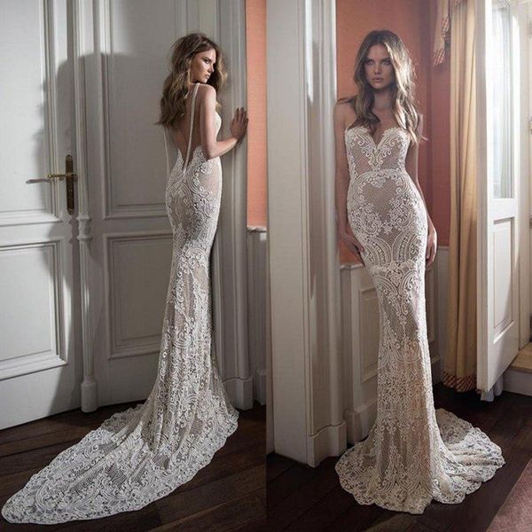 Renda Berta Sereia Vestidos de Casamento Sheer Sweetheart Neck Backless Vestidos de Noiva Appliqued Sweep Train Pérolas Vestidos De Noiva