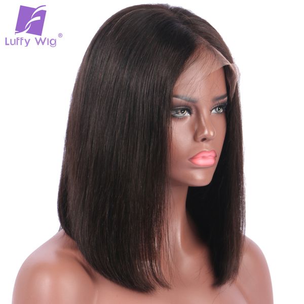 

luffy 150% density short bob lace front wigs deep parting straight peruvian human hair non-remy natural color for black women