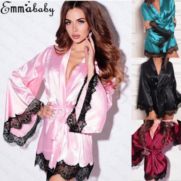 

women lingerie sleepwear babydoll g-string underwear satin silk kimono robe dressing gown wedding night dress bathrobe new, Black;red