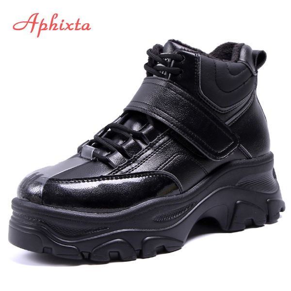 

aphixta warm waterproof boots platform shoes woman ankle boots height increasing thick sole hook & loop women big size 41, Black