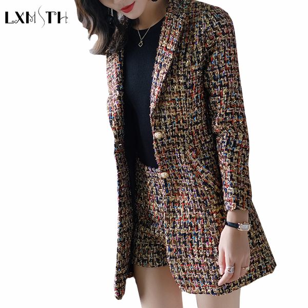 

2018 antumn new fashion elegant blazer set women spliced twill long plaid blazer and shorts office tweed suits ladies, Gray