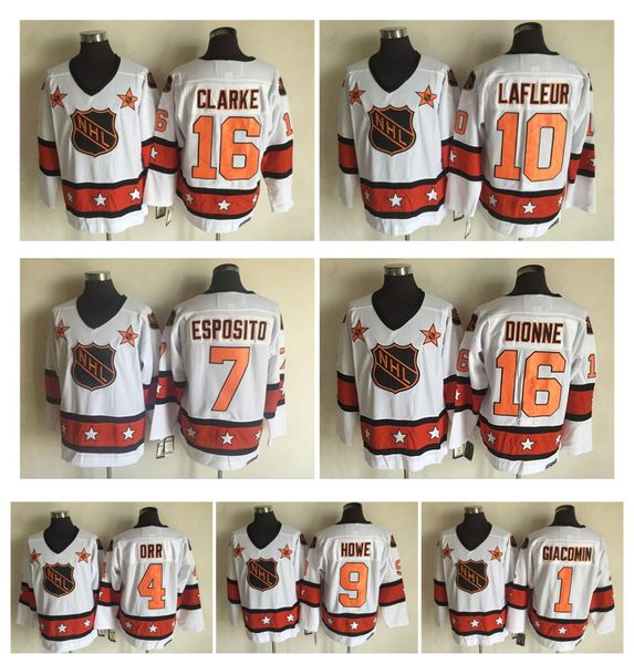 

1975 all star hockey jerseys 9 gordie howe 4 bobby orr 16 bobby clarke 10 guy lafleur 16 marcel dionne 7 tony esposito 1 eddie giacomin, Black;red
