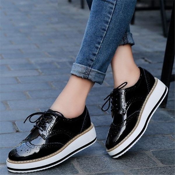 

women platform casual shoes woman brogue patent leather flats lace up footwear female flat oxford shoes for women, Black