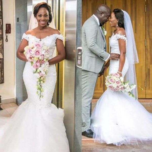 

свадебные платья русалка африканские с плеча кружевные аппликации из бисера лиф тюль юбка свадебные платья выполненный на заказ sweep train, White