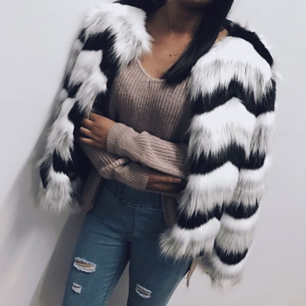 

popular wave pattern color matching fur coat, Black