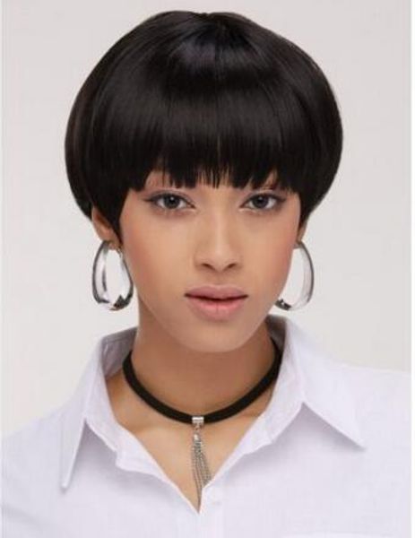 

black relaxed short bowl cut synthetic hair wig hair, Black;brown