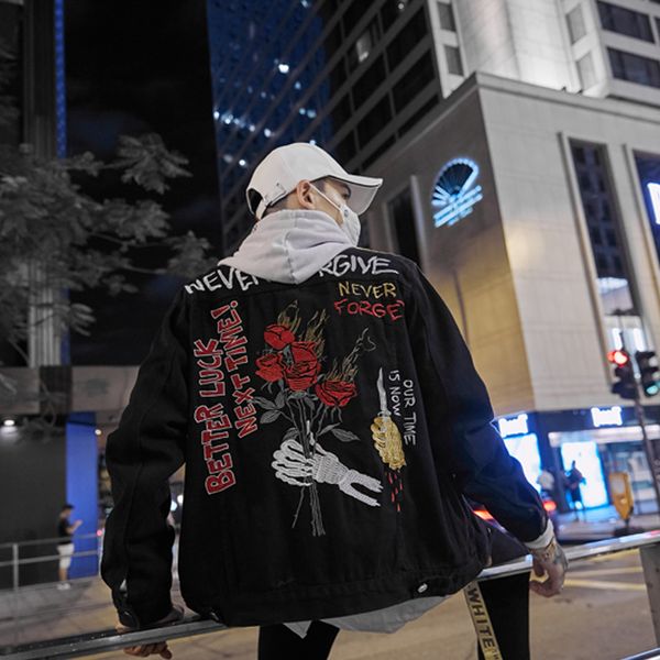 

роза вышивка джинсы куртка осень полный вышивка harajuku черные куртки джинсы хип-хоп пальто сша размер s-xl, Black;brown