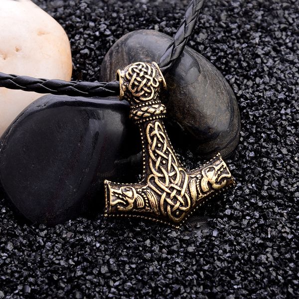 

pretty norse vikings amulet pendant necklaces hammer of thor mjolnir pendant rope leather necklaces animal knot viking jewelry men necklace, Silver