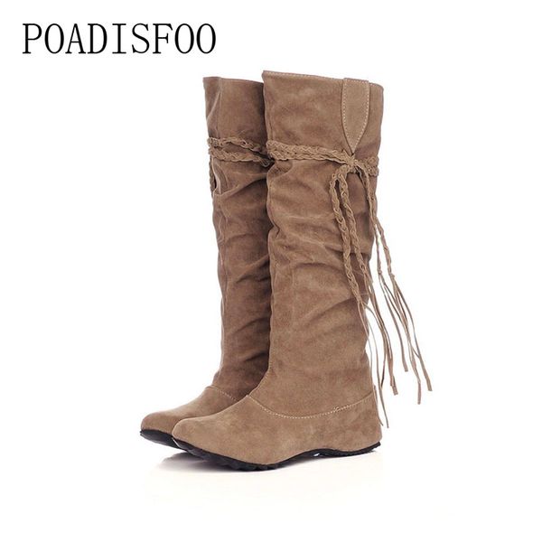 

poadisfoo women leather shoes autumn winter fringe boots scrub for women shoes 5 color long boots increased tassel .xz-01, Black
