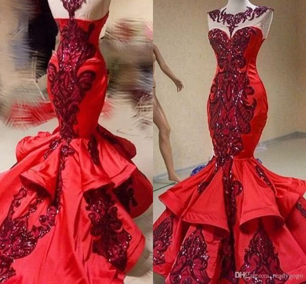 

red luxury prom dresses sequins applique mermaid ruffles 2019 shiny jewel pageant evening dresses sheer neck fishtail occasion evening gowns, Black