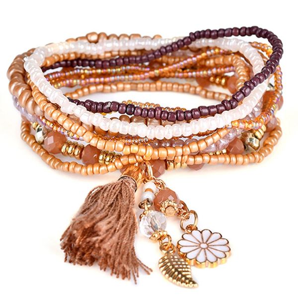 

bohemian leaf flower charm beads bracelets for women ethnic boho tassel multilayer simulated pearl bracelet wristband jewelry, Black