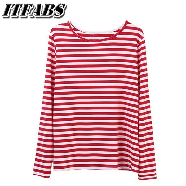 

women summer spring clothes round neck striped long sleeve t-shirt loose casual regular size pullover cotton blend, White