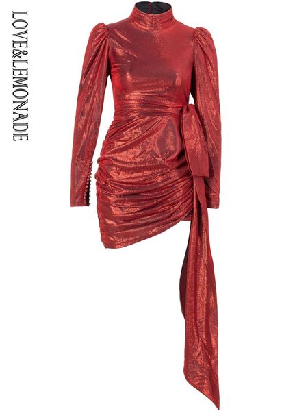 

love&lemonade open back high collar pleated non-asymmetric sparkle fabric puff sleeve party dress lm10001 red, Black;gray