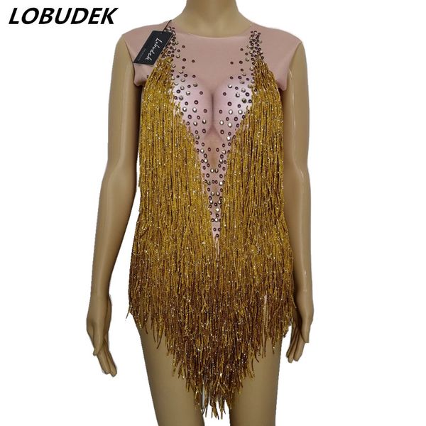 

gold tassel sparkly crystals bodysuit stretch leotard bodysuit bar female dj singer stage costume dance group performance outfit, Black;red