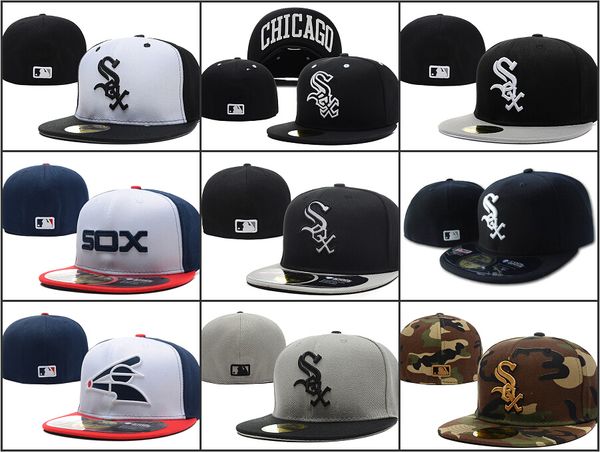 

wholesale men's on field white sox fitted hat flat brim embroiered letter sox team logo fans baseball hats full closed chapeu, Blue;gray