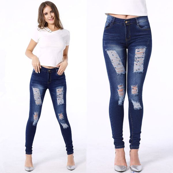 

новый прибыл европейский американский стиль мода рваные джинсы женщины эластичный карандаш тонкий джинсы брюки причинно-следственной брюки, Blue