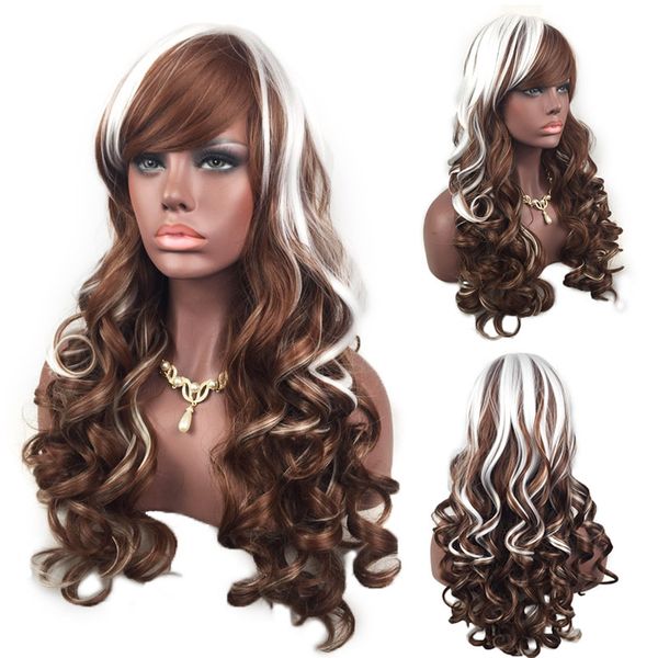 Acheter Argent Gris Cheveux Longs Bouclés Coiffure Blanc Marron Couleur Perruque Synthétique Femmes Cheveux Corps Vague Profonde Synthétique Dentelle