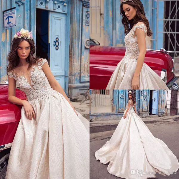 

милла нова атласные свадебные платья с короткими рукавами кружева аппликация прозрачное шею свадебное платье бусы развертки поезд свадебное, White