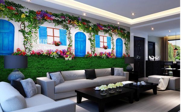 

3d european white door and window flower vine grass three-dimensional 3d murals wallpaper for living room