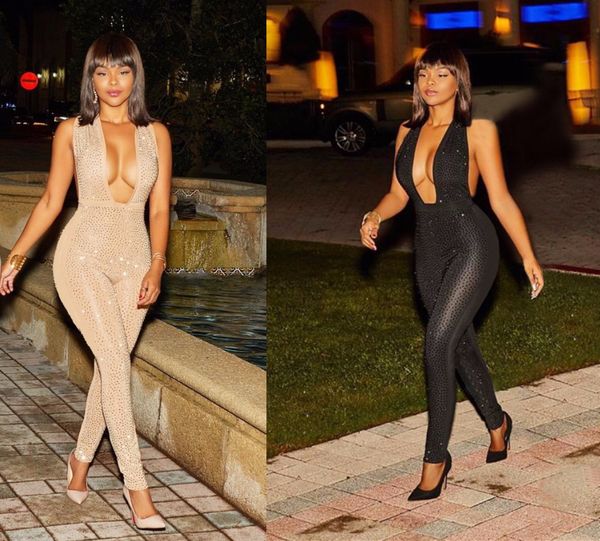 

2017 autumn deep v-neck sleeveless women jumpsuit sequined bright full length romper, Black;white