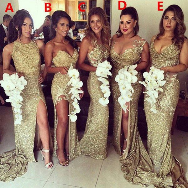 

Sparkly Bling Gold Sequined Mermaid Bridesmaid Dresses Backless Slit Plus Size Maid Of The Honor Gowns Wedding Dress