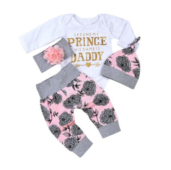 

4pcs newborn baby girls clothes long sleeve romper pants headband hat outfit set cute print floral bodysuits baby girl clothes, White