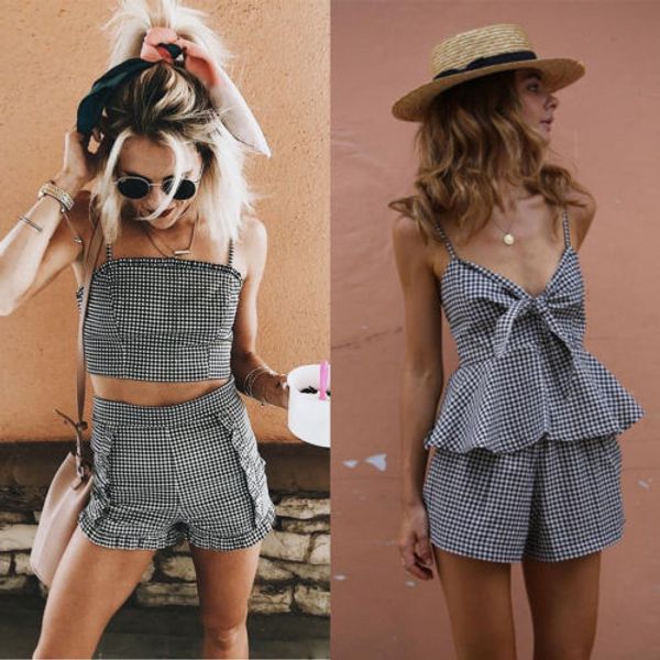

2pcs women bodycon plaid spaghetti strap crop and skirt set lace up party women small plaid clothes set, White