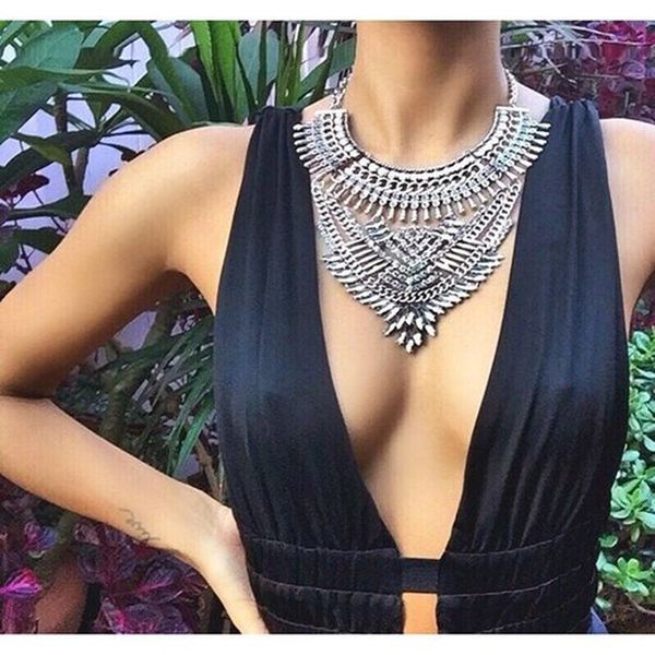 

women fashion vintage maxi bib white crystal silver color big choker statement necklace retro bohemian collier necklace yn1104, Golden;silver