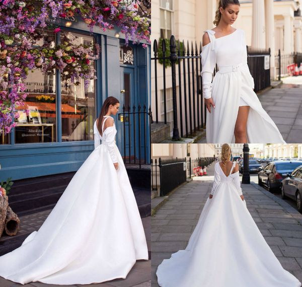 

2019 milla nova white wedding dresses long sleeves side split sweep train backless a line country bridal dress beach wedding dress gorgeous