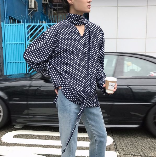 

2018 the costume of the personality singer xxs-xl european and american wave dot lengthened collar tie with loose shirt, White;black