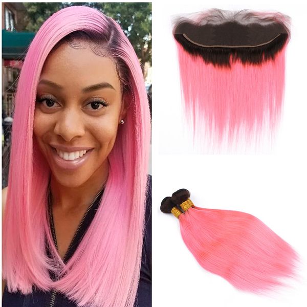 Fasci di tessuto per capelli rosa Ombre lisci serici con radici scure frontali Capelli vergini Offerte di estensioni dei capelli Ombre rosa con chiusura frontale in pizzo