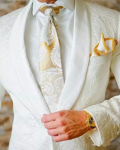 2019 Marfim Paisley Noivo Smoking Do Noivo Grosso Ternos De Casamento para Homens Estilo Britânico Terno Dos Homens Slim Fit Partido Jantar Formal Desgaste Terno Calças