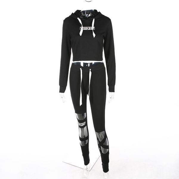 

Letter Fashion 2 Piece Set Women Black Crop Top +Pants Suit Sexy Hollow Out Woman Streetwear Casual 2 Piece Set Tracksuit