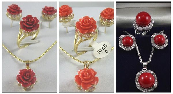 12 mm rosa/rote Koralle, geschnitzter Blumen-Anhänger, Halskette, Ohrringe, Ring-Set