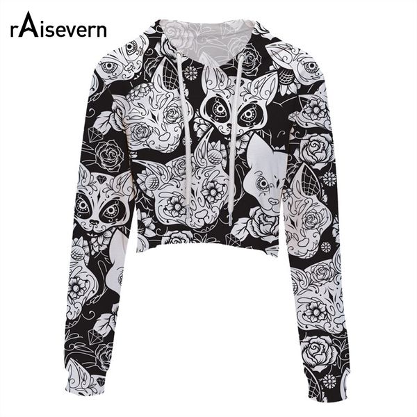 

raisevern new arrival animal bee and flowers sweatshirt 3d fashion short hoodies spring & autumn crop long sleeve pullovers, Black