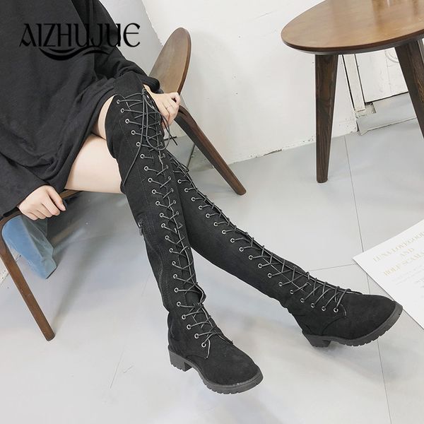 

cross tied thigh high boots female winter boots women over the knee flat stretch fashion shoes 2018 black