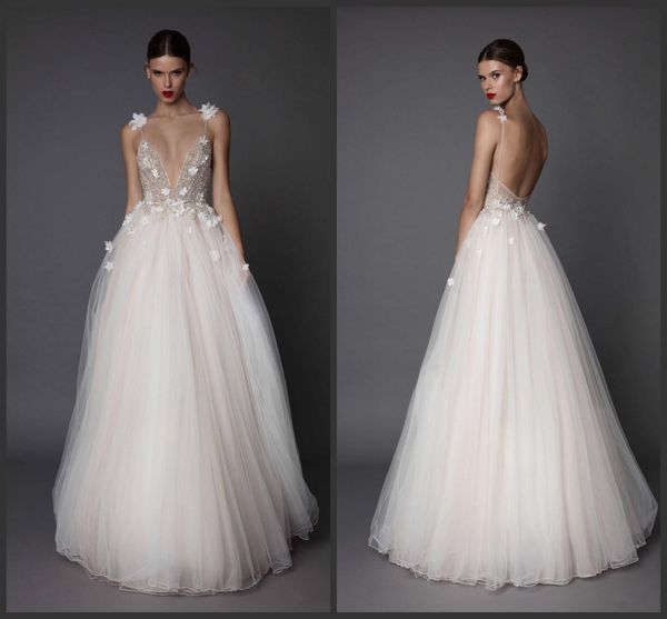 

2019 new 3d-floral appliques berta wedding dresses crystal backless spaghetti plunging neckline beads floor length ball gown bridal dress, White
