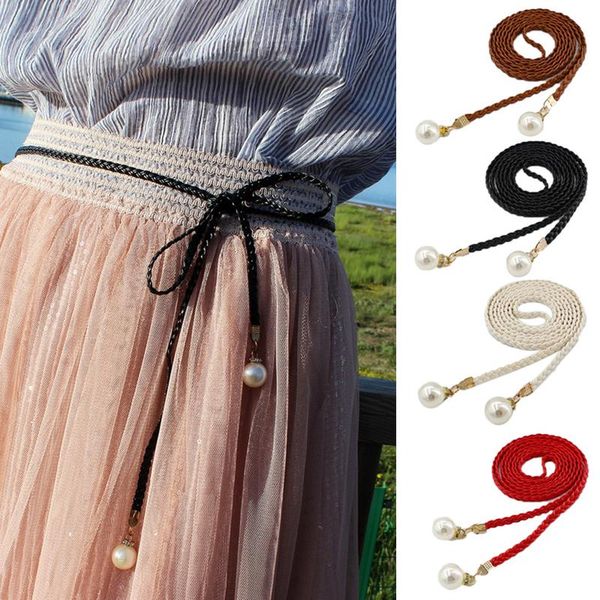 

140cm women vintage pearl rope woven tassel belt female fine decorative dress sub all-match literary korean fine leather rope, Black;brown