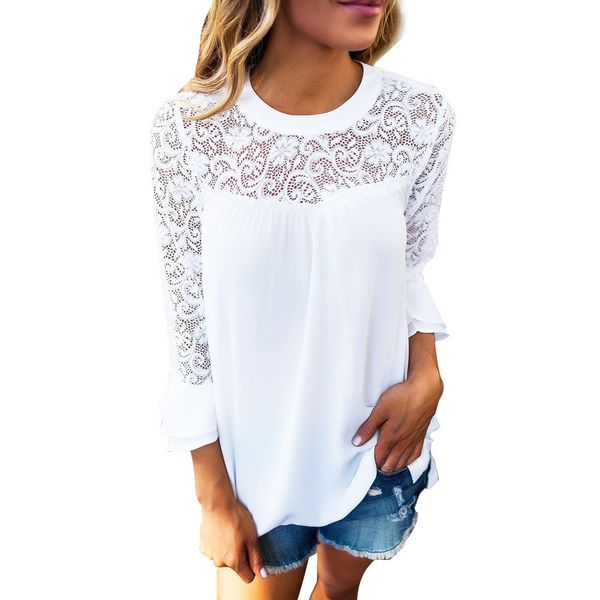 

women ladies 3/4 sleeve frill ladies embroidery lace shirt blouse blusas camisa feminina manga comprida summer ropas, White