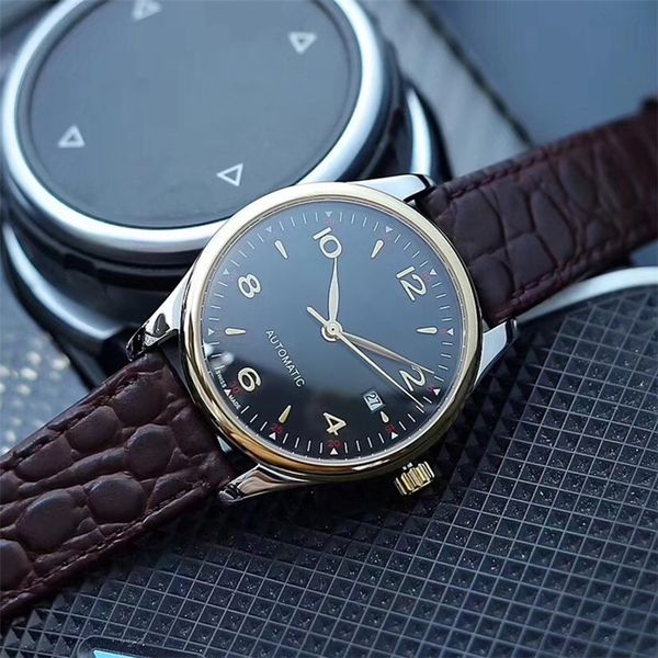 

известный бренд 40 мм наручные часы из нержавеющей стали 316l чехол черный циферблат коричневый кожаный ремешок япония автоматическое движен, Slivery;brown