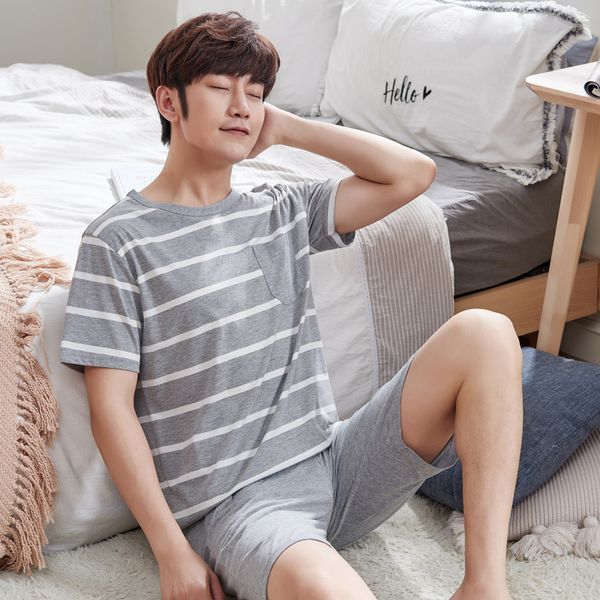 

2018 nightwear set for men cotton cozy summer men's striped pajamas suit casual sleepwear pants loose homewear, Black;brown