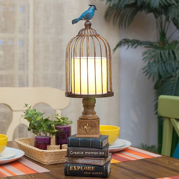 Loft Metal Cage Resin Bird Stage Light Lightshade American Edity Dese Desk Famce Декоративное Дом Настольная Лампа Лампы Освещение