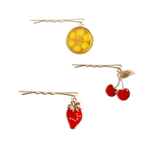 

fashion jewelry metal enamel fruit strawberry cherry lemon clip hairpin, Golden;white