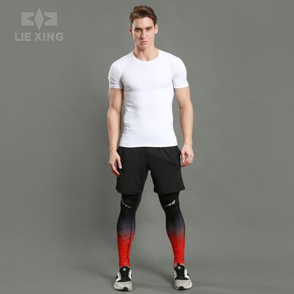 

men's quick-dry 3piece sport suits elastic shirt shorts leggings set for training exercise running fitness breathable sportswear, White;black