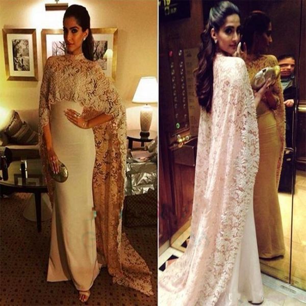 

Sonam Kapoor in Paolo Sebastian High Neck Dubai Kaftan nude Lace Cape Muslim Evening Dress 2017 Islamic Arabic long sleeve prom Formal