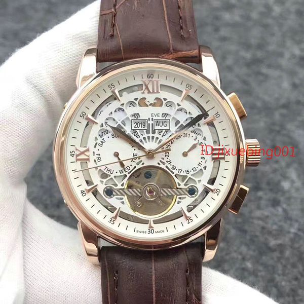 

new brown leather mechanical men's stainless steel automatic watch sports mens self-wind watches tourbillon male wristwatch, Slivery;brown