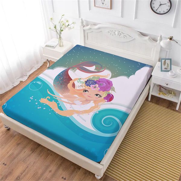 

girls sweet cartoon bed sheet colorful mermaid print fitted sheet blue ocean wave print bedclothes mattress cover home decor d25