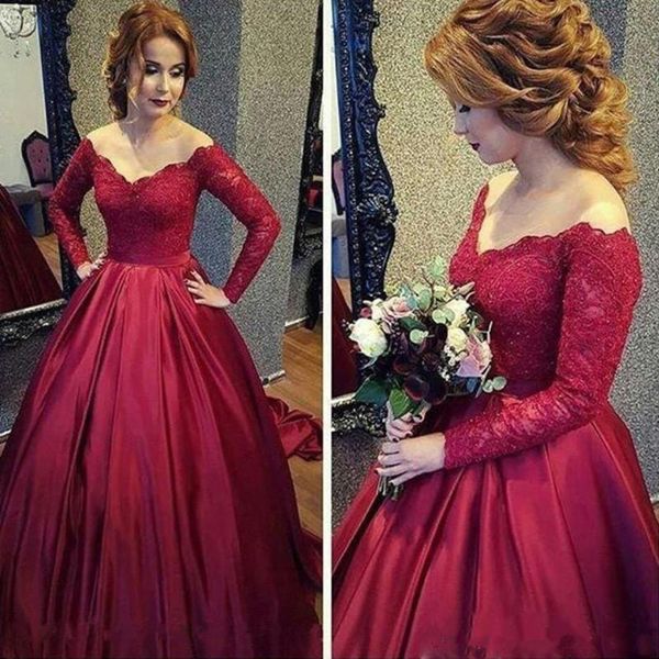 

dark red ball gown evening dresses long sleeve lace evening gowns elegant princess v neck prom party dress, Black;red
